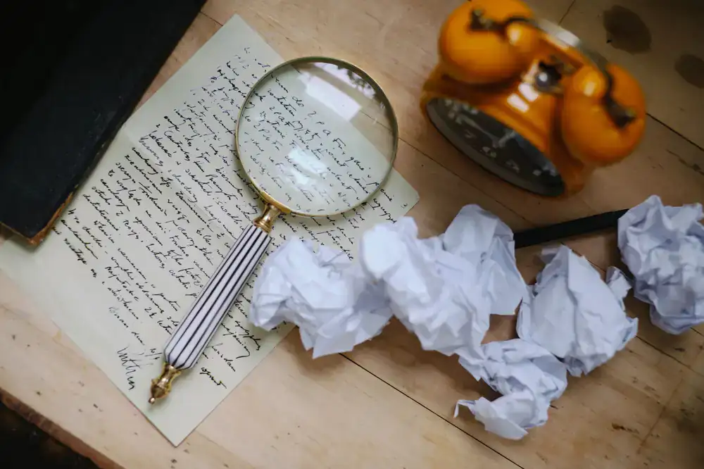 A magnifying glass focusing on a cryptic handwritten letter