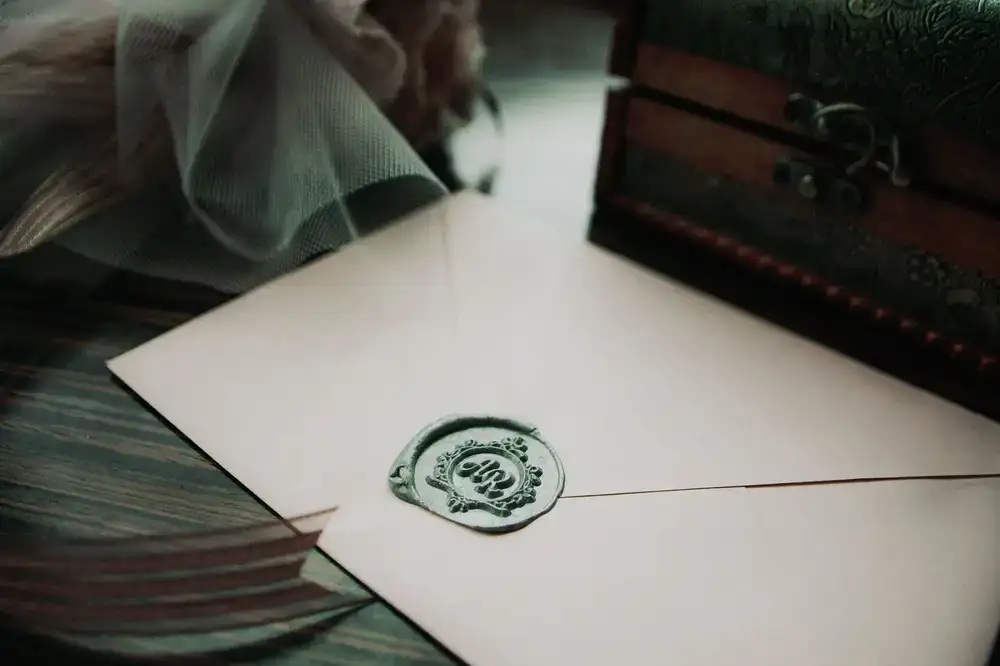 A wax-sealed envelope resting on a wooden table